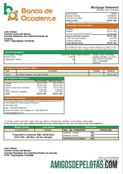 Honduras Banco De Occidente Bank Mortgage Statement Scr modelo